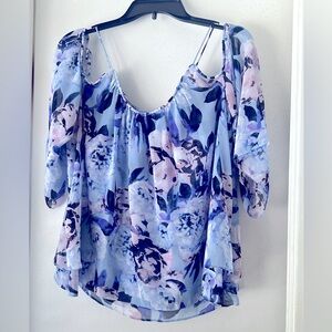 Jennifer Lopez Blue and Purple Puff Sleeve Ruffled Blouse - Off Shoulder - Sz M